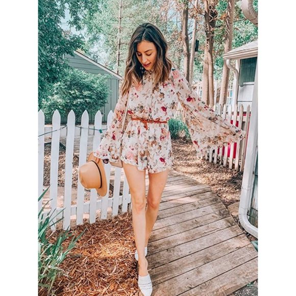 White Floral Print Chiffon Ruffle Long Flare Bell Sleeve Romper Playsuit Dress - Picture 4 of 8